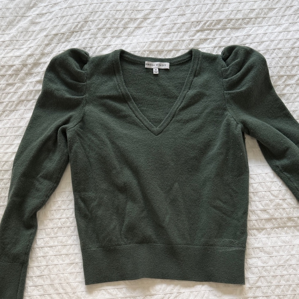 Rebecca Minkoff Dark Green V-Neck Puff Sleeve Sweater